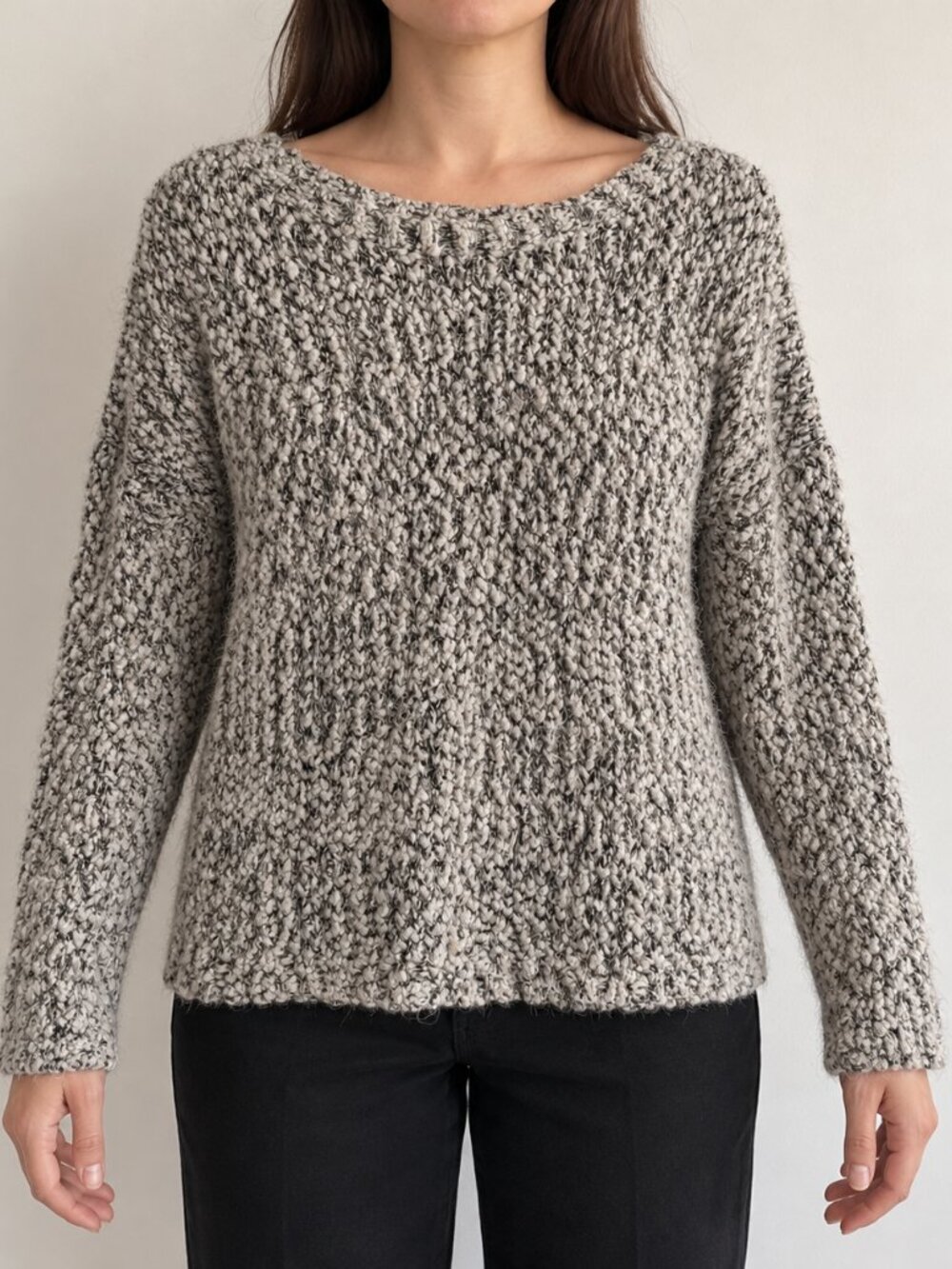 Women's Two-Tone Gray-Cream Scoop Neck Knit Sweater